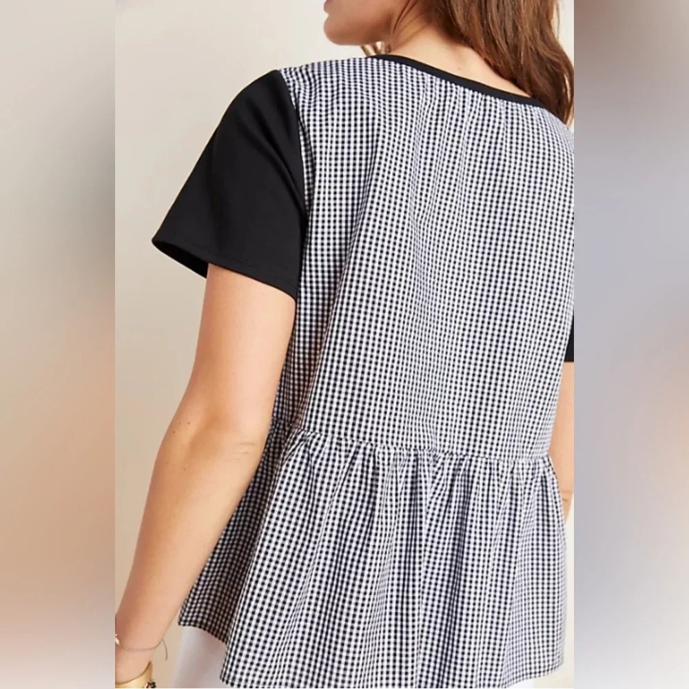 Eri +‎ Ali Gingham Back Peplum Top Black Tee Anthropologie XS - Picture 12 of 12
